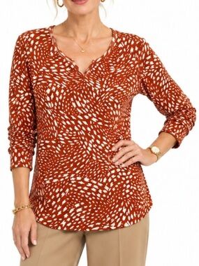 Chico’s  Earth Tones Split Neck Top SZ Med EUC